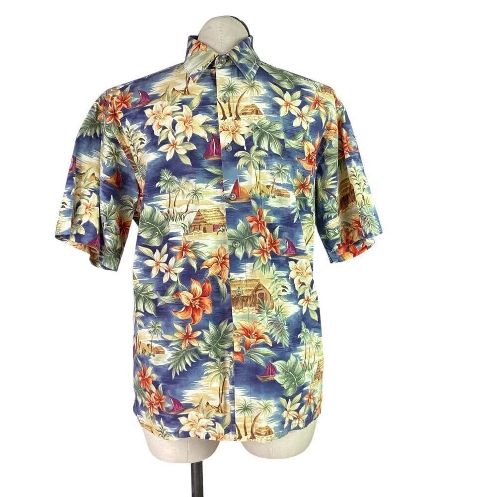 Pierre Cardin Hawaiian Camp Shirt Men M Blue Short Sleeve Floral Island Palm VTG